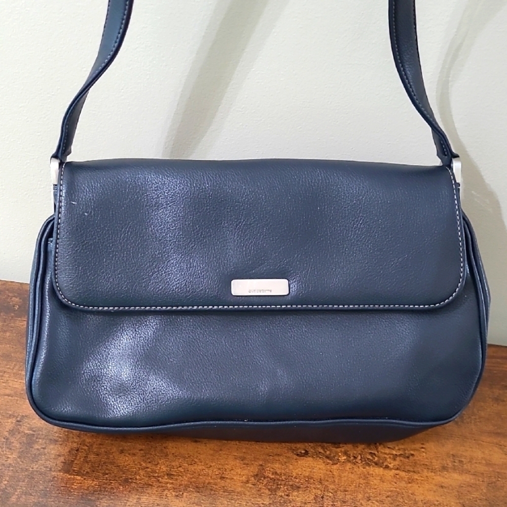 Liz Claiborne Navy Leather Shoulder Bag with Silver Hardware